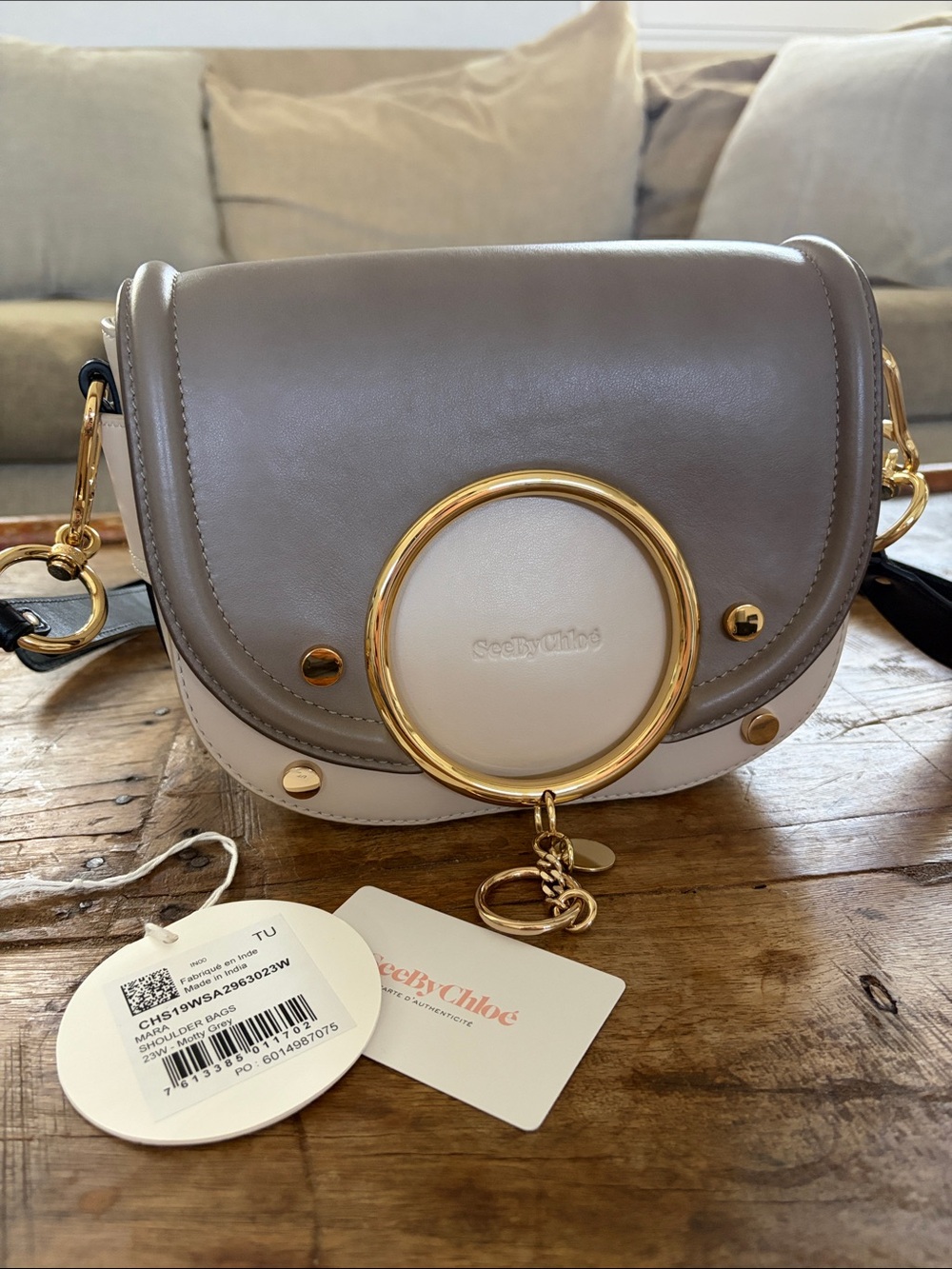 See By Chloé Two-Tone Taupe & Cream Saddle Crossbody with Gold Ring - Picture 3 of 7